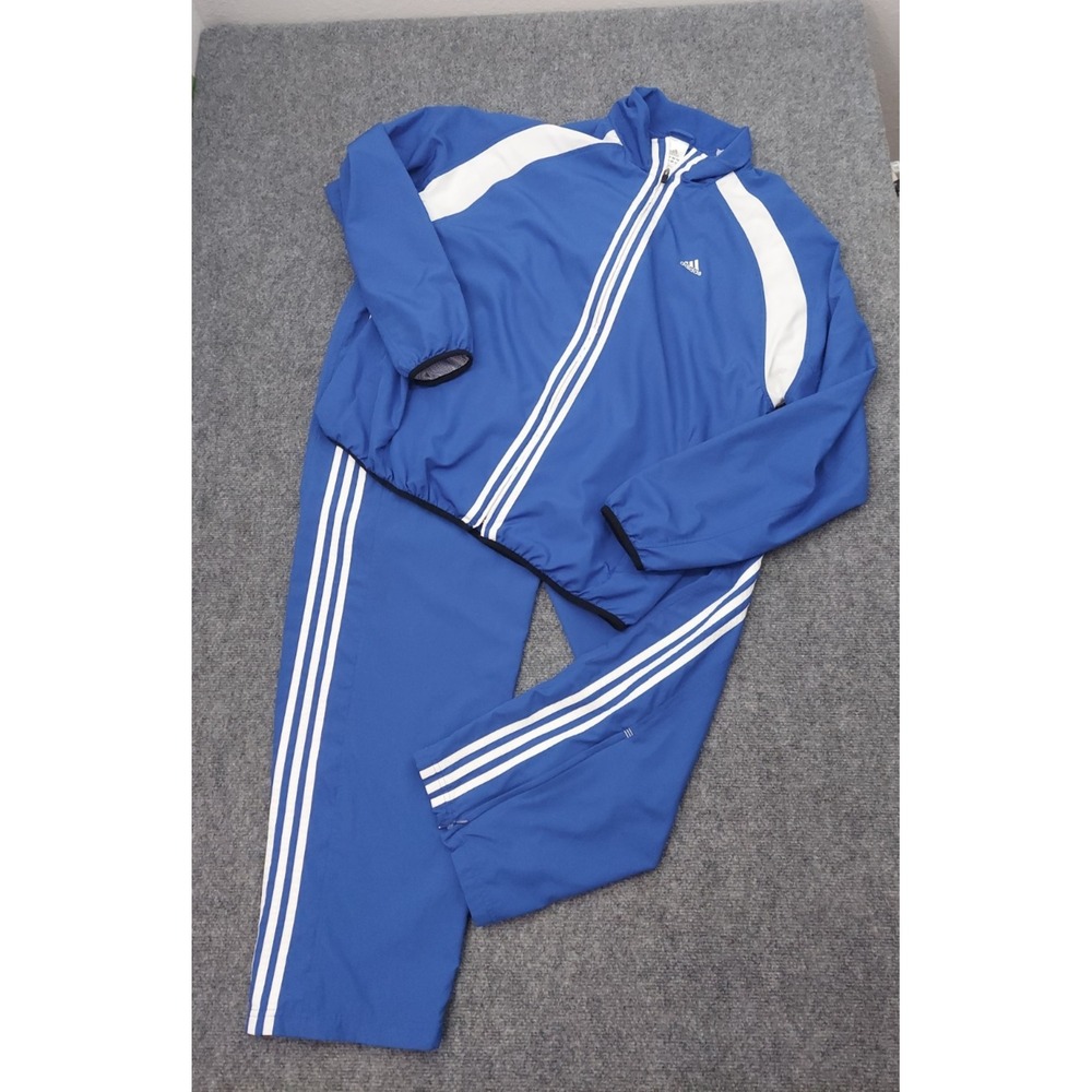 Adidas Track Suit Mens Medium Blue White Three STripe Jacket Pants Zip Ankle Vtg